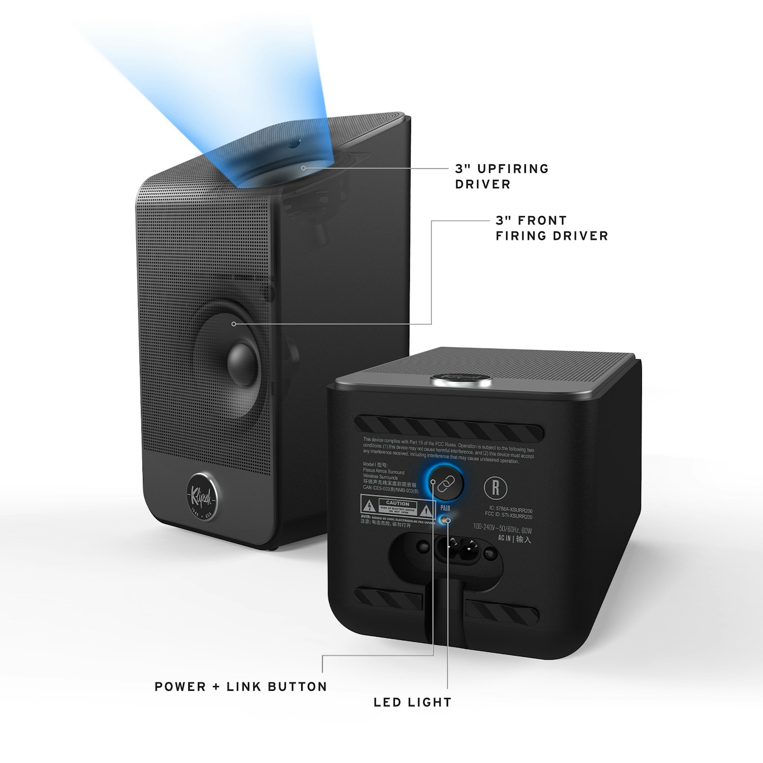 Klipsch Flexus Surround speakers on white with upfiring speakers showing input on bottom B v02 2000x2000