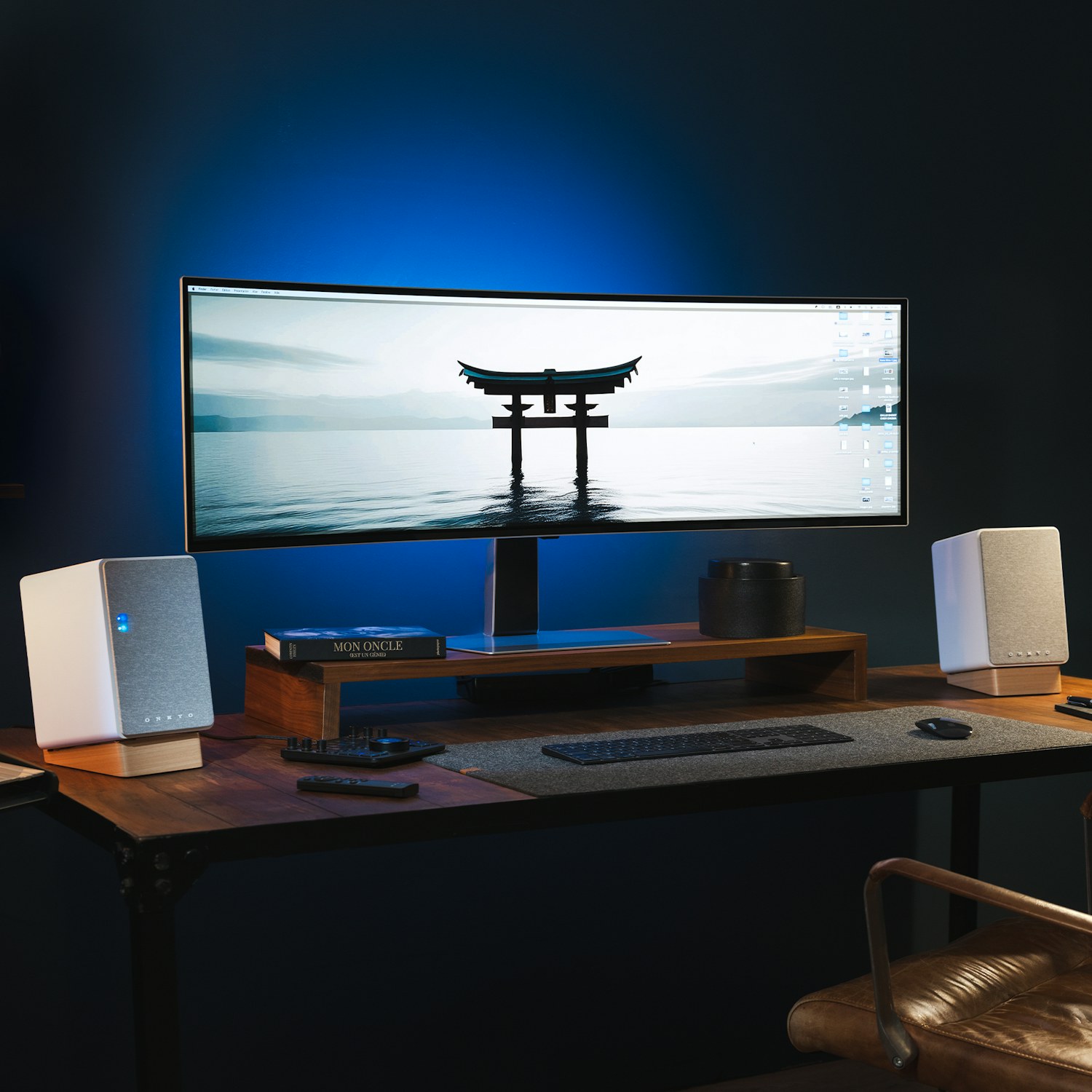 Onkyo Creator GX 30 ARC white grilles on desk in dark blue office with moody lighting and Japanese gate on desktop screen 2000x2000