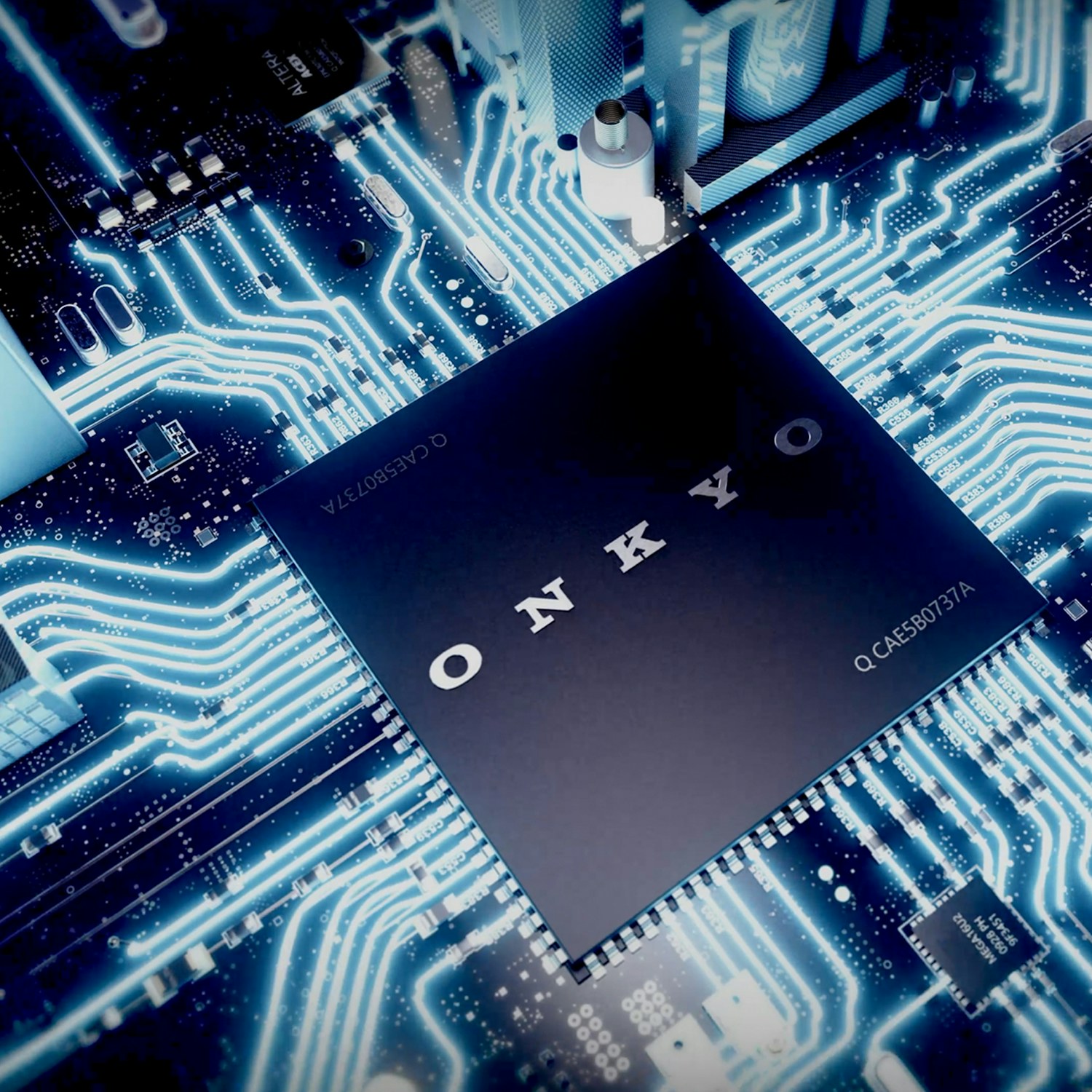 Onkyo Creator Technological looking computer chip in blues with Onkyo logo 2000x2000