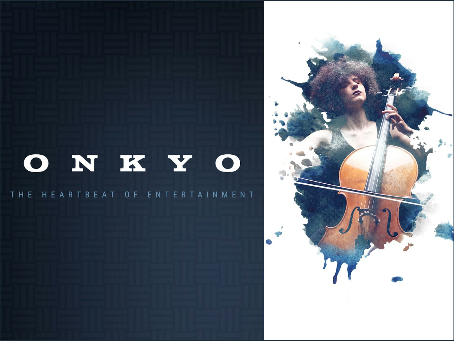 The all new Onkyo Navy blue ink blot revealing a cellist playing classical music 2000x1500