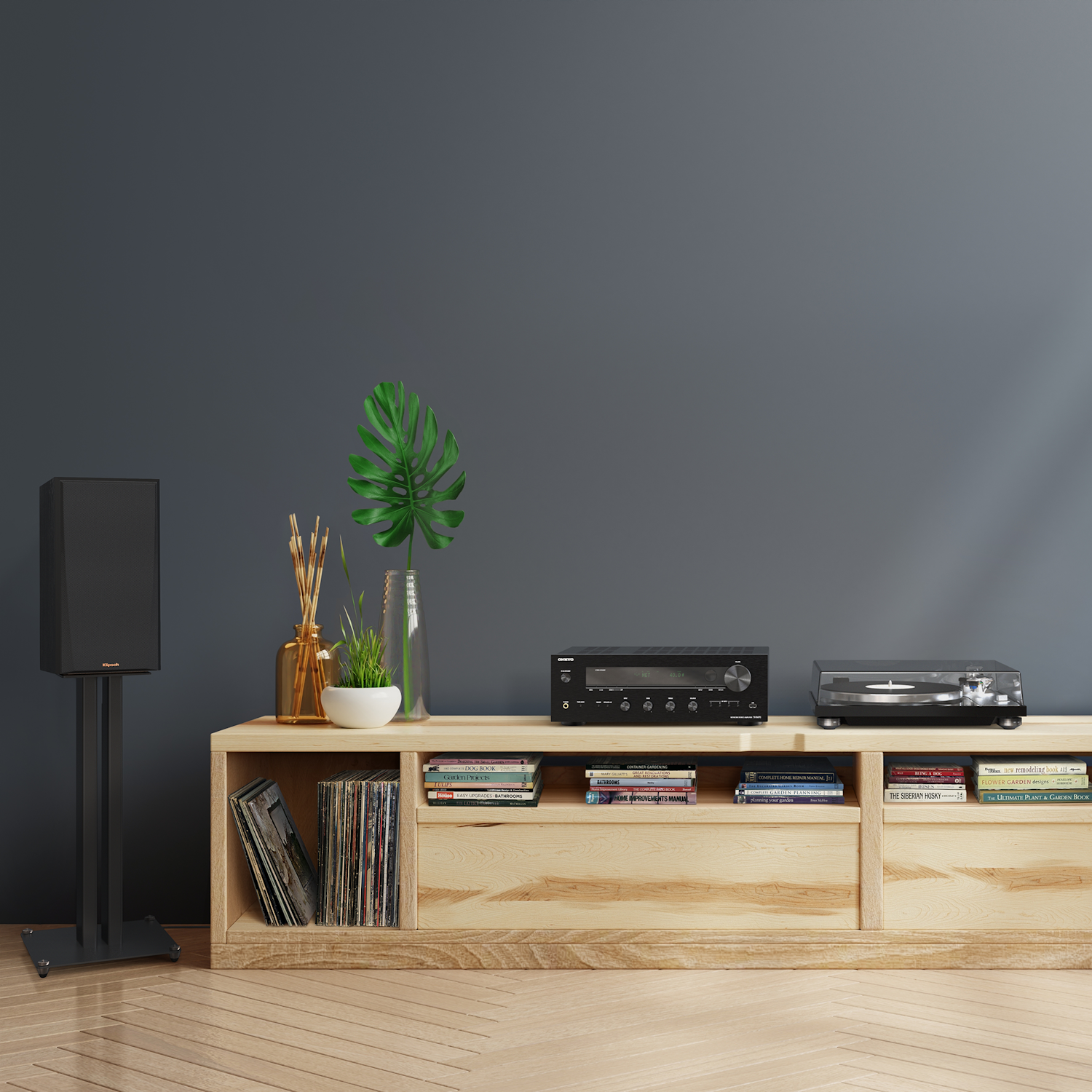 Onkyo Black TX 8470 and RP 600 M On Modern Media Console on Grey Wall 2000x2000