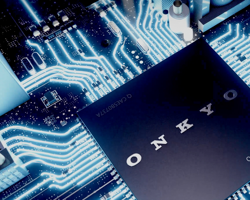Onkyo Creator Technological looking computer chip in blues with Onkyo logo 2000x1000