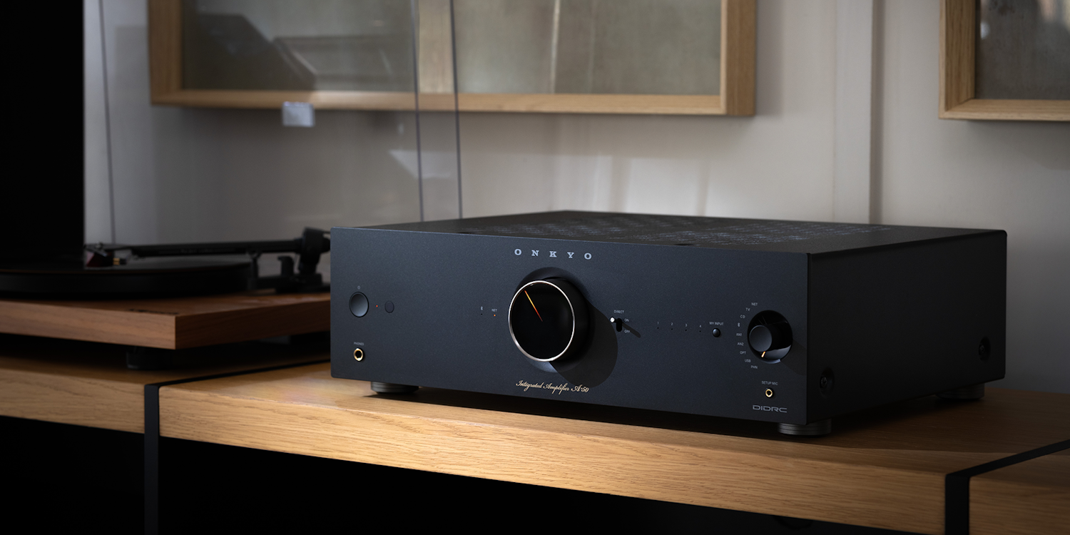 Onkyo Icon A 50 black beside turntable in sophisticated listening room 2000x1000