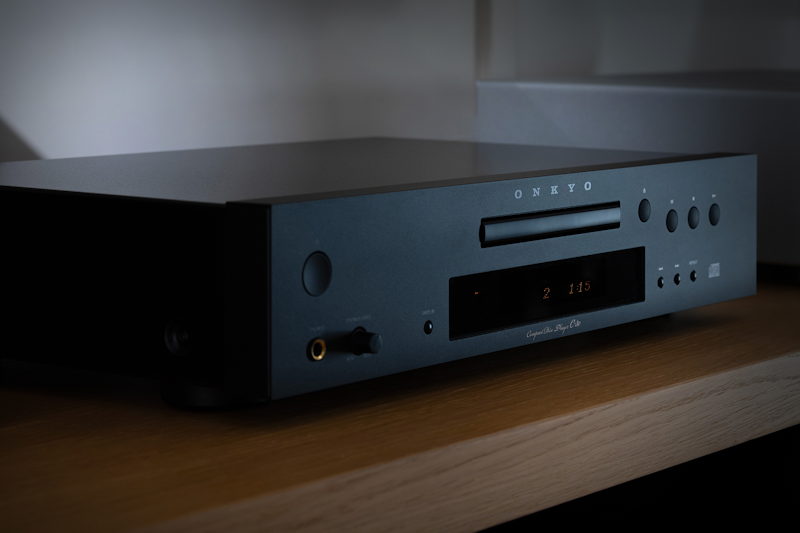 Onkyo Icon C 30 CD layer closeup from left angle on wood shelf 2000x1333