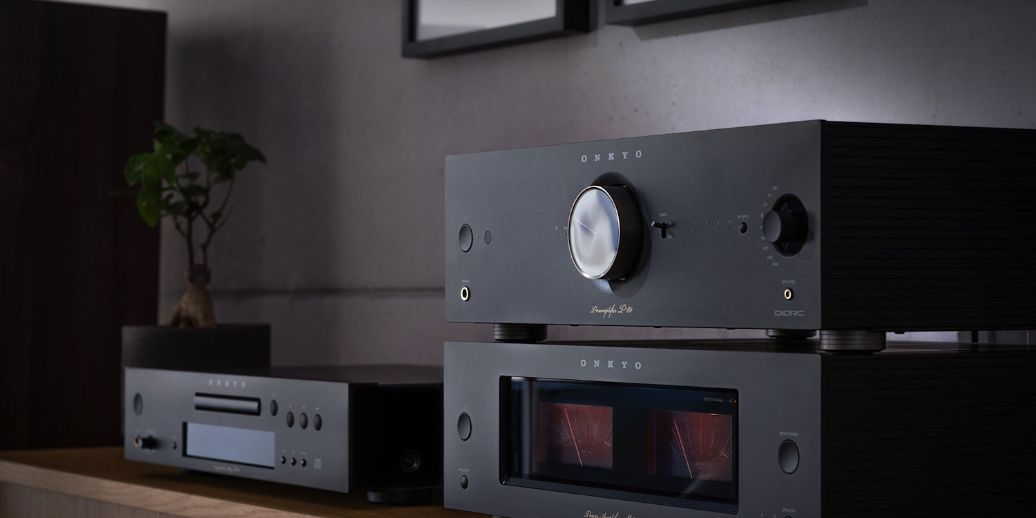 Onkyo Icon P 80 M 80 C 30 black at angle with bonsai behind and P 80 in foreground 2000x1000